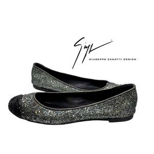 GIUSEPPE ZANOTTI Design Grey Capped Sparkly Silver LEATHER Ballerina Flats 36.5